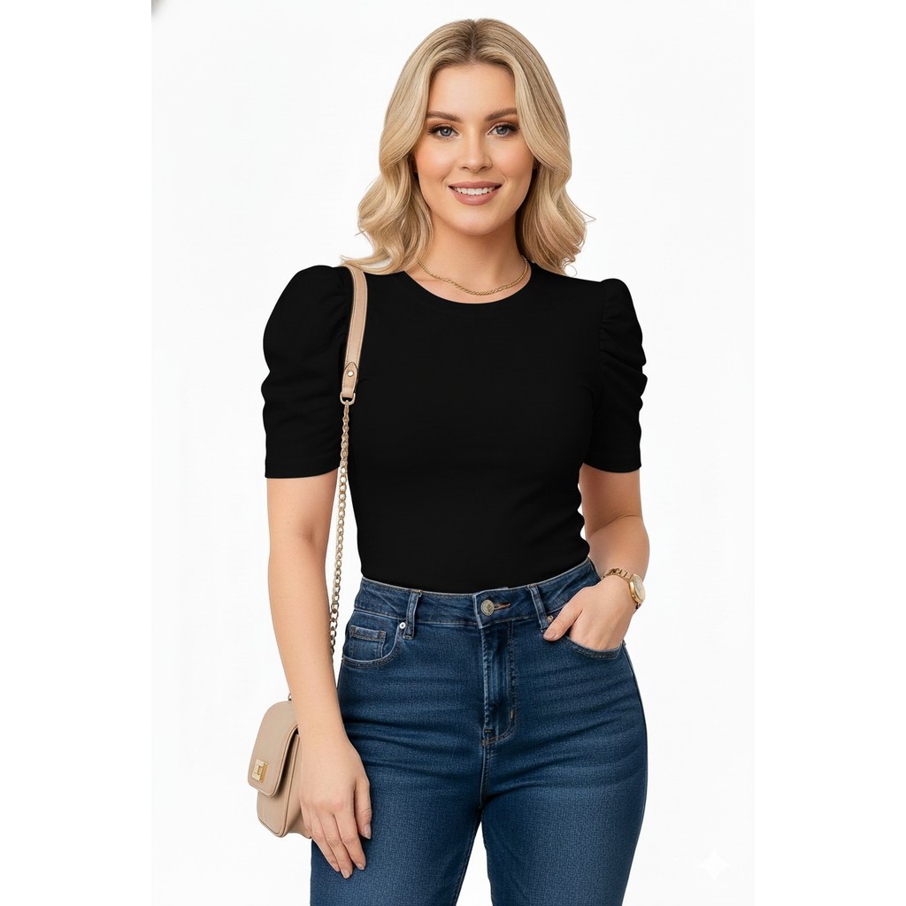 blusa feminina elastano canelada com manga curta bufante top lançamento