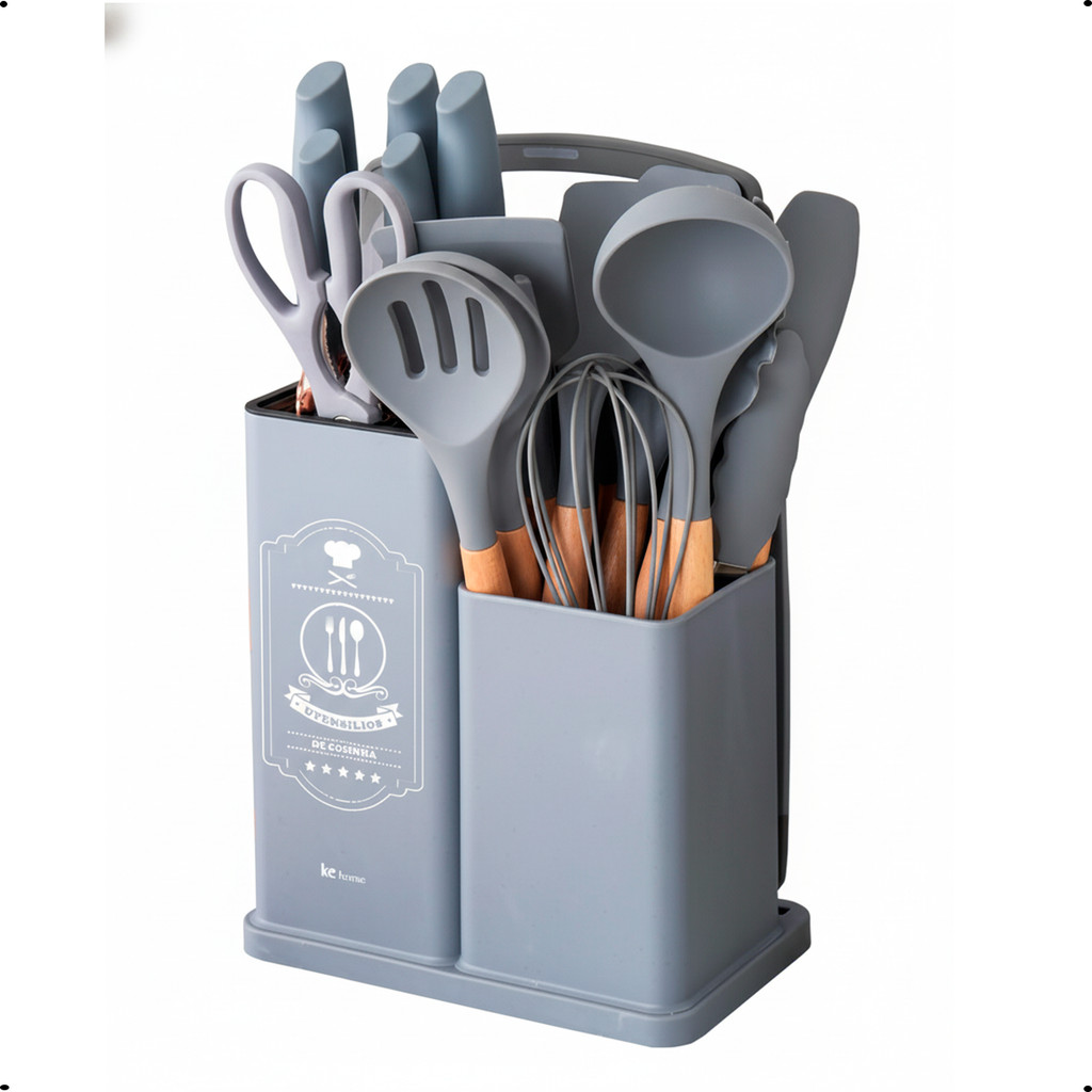 Kit de Utensílios Cozinha Silicone Bambu 18 Peças Califórnia Cinza