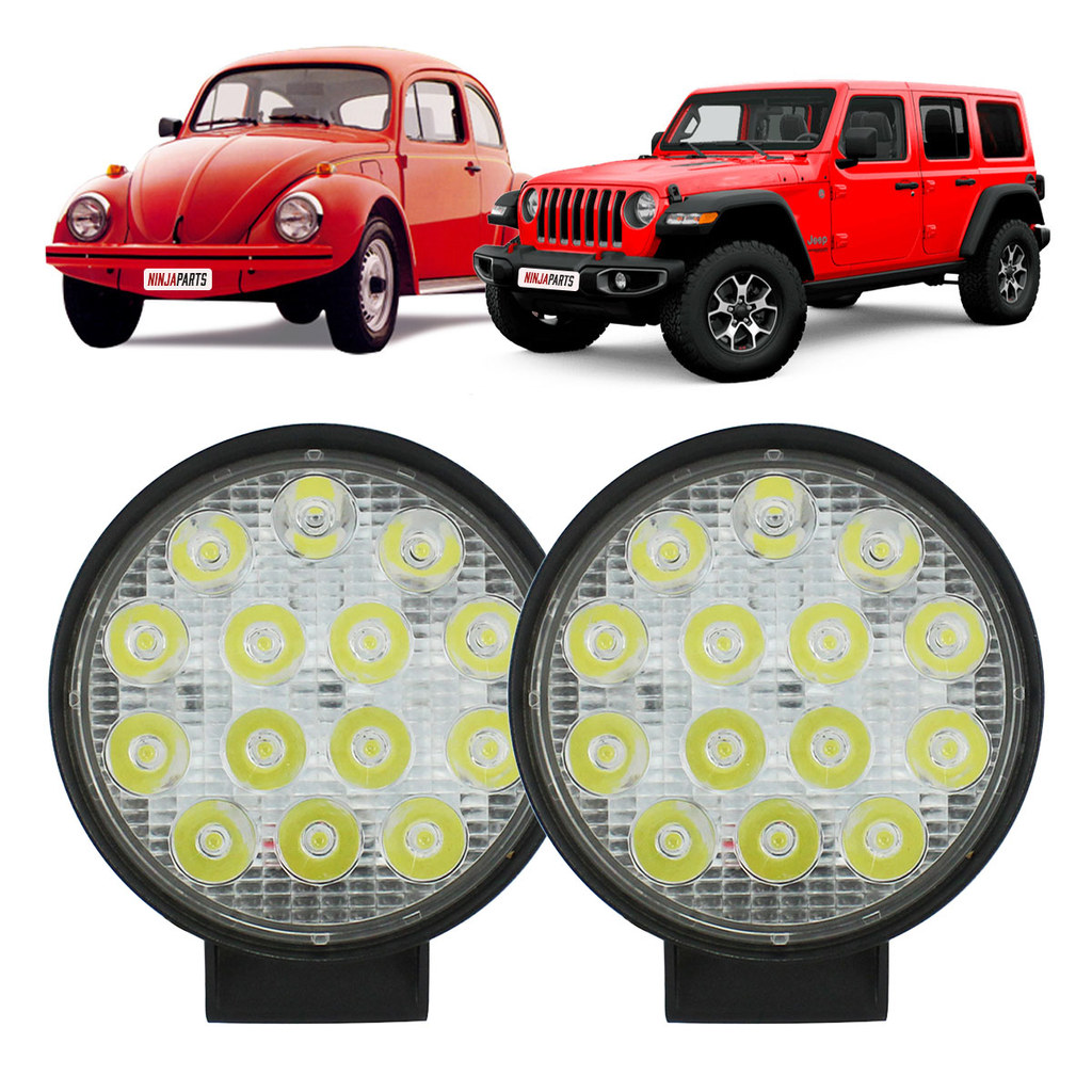 Par Farol Milha Auxiliar Redondo 42W 14 Leds Slim Off Road 4x4 Jeep Caminhão Bivolt