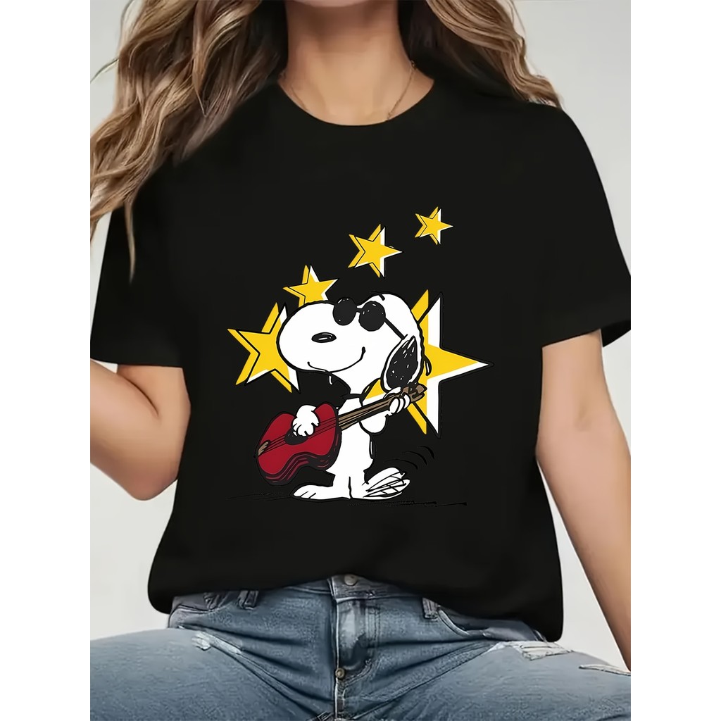 BR Moonlight Camiseta Feminina Peanuts Guitar Snoopy Estrelas Amarelas Divertida Confortável Estilosa Casual