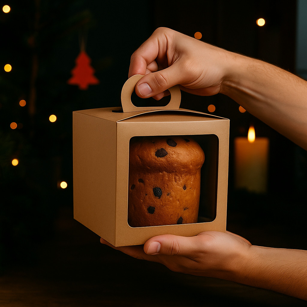 Detalhes do 10 CAIXA PANETONE 350G/500G COM VISOR E BERÇO KRAFT  NT119 (JR NATAL OUTLET 2025)