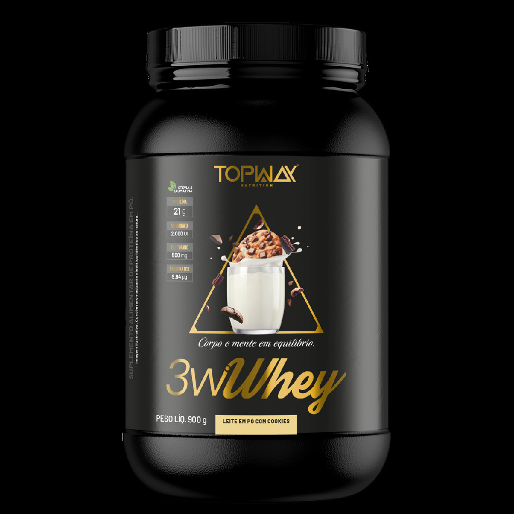 Whey protein gold 3w topway 900g leite em pó com cookies concentrado isolado e hidrolisado menos carbo