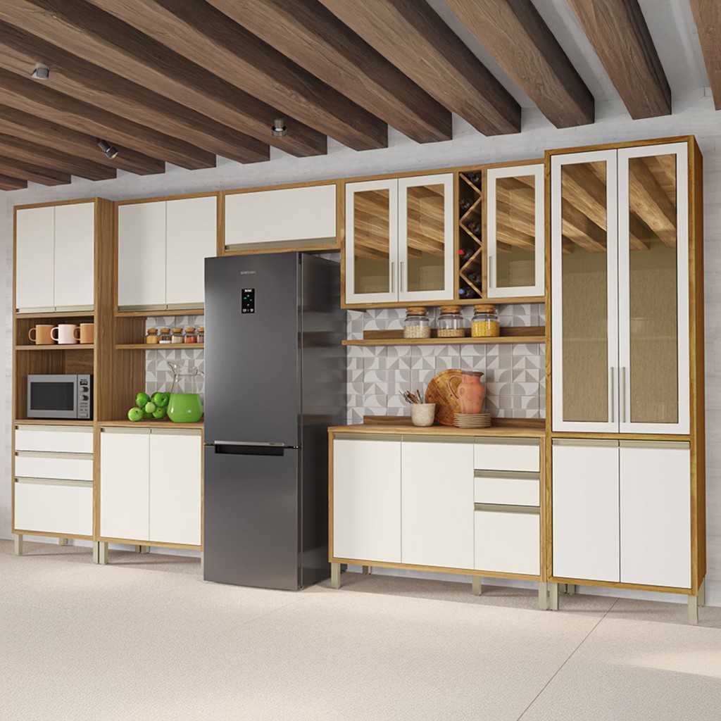 Armário Cozinha Modulada Balcão 17 Portas Pérola 100% Mdf Vidro Amêndoa - Pnr Móveis