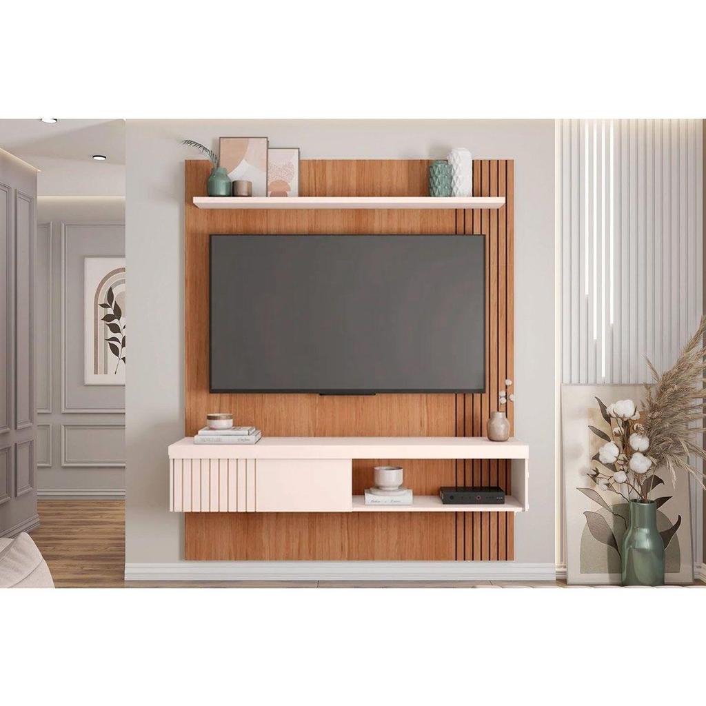 Rack Bancada c/ Painel p/ TV até 65 Pol Jade Ripada 150x183cm Freijo/Off White - Caemmun em Oferta na Shopee