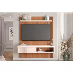 Rack Bancada c/ Painel p/ TV até 65 Pol Jade Ripada 150x183cm Freijo/Off White - Caemmun
