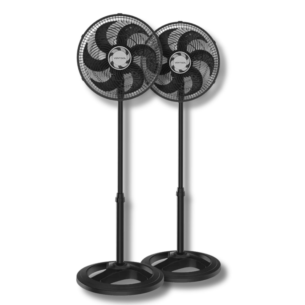 Kit 2 Ventiladores Coluna 30cm Ventisol Turbo 52w 127v 6 Pás Hélice Preto Premium 3 Velocidades Oscilante