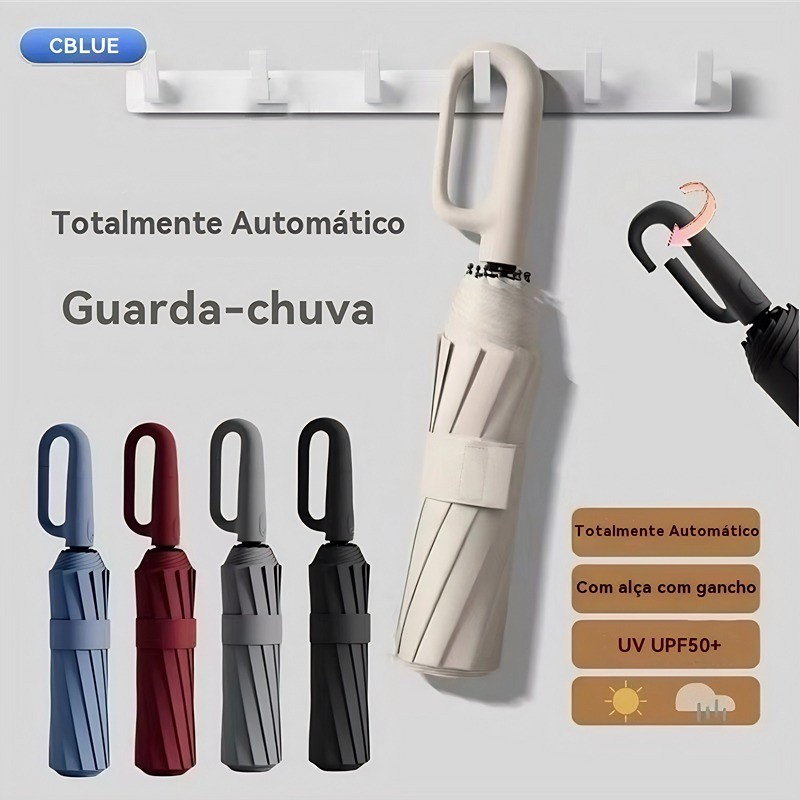 Guarda-chuva automático pendente, resistente ao vento, com proteção UV, grande e dobrável