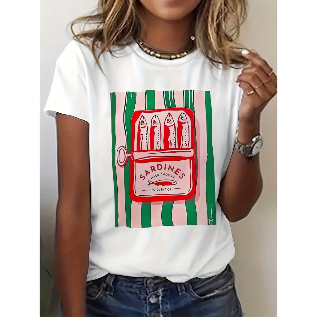 Camiseta Feminina Sardinha Arte Peixe Retrô Estampada Verão Primavera Confortavel Estilosa Casual
