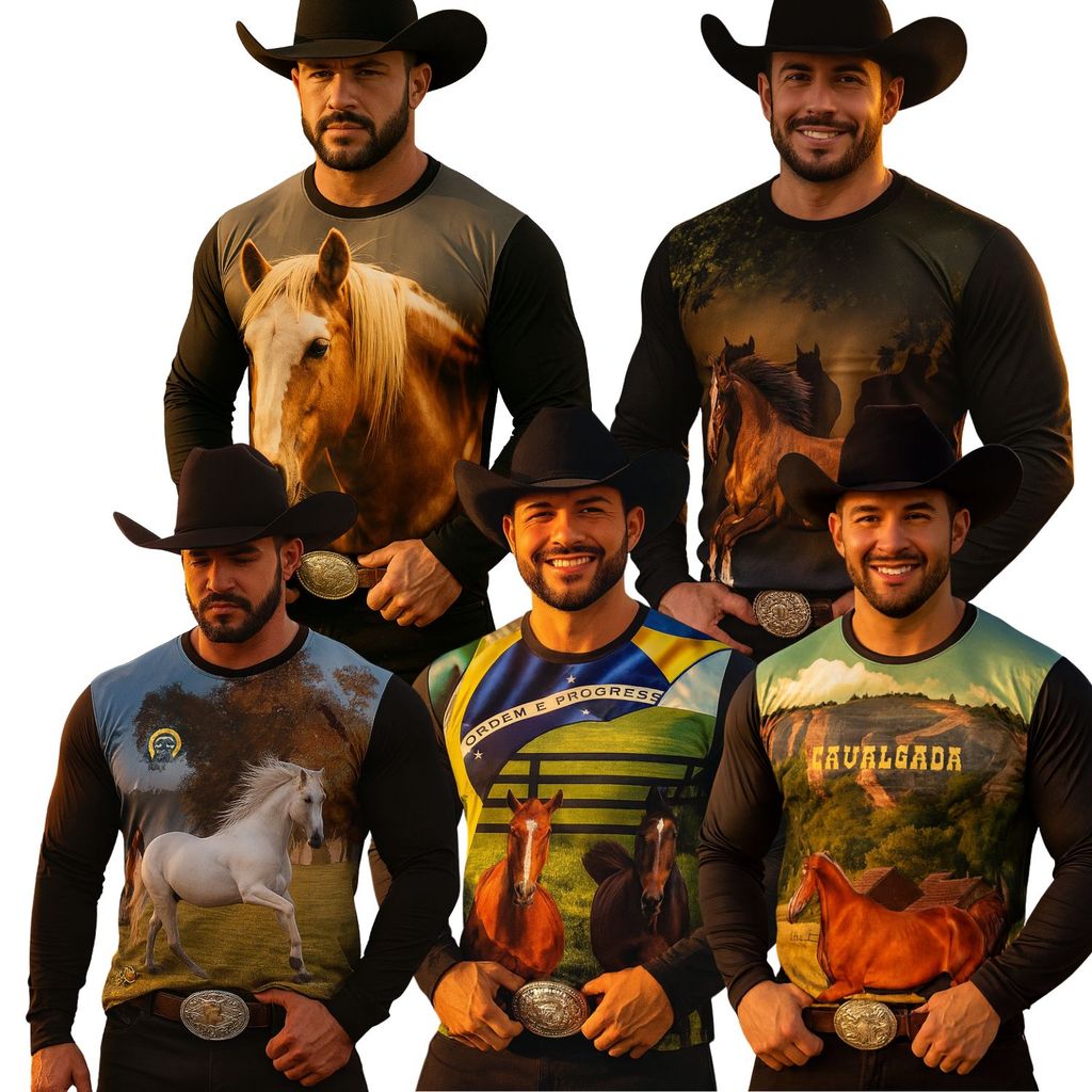 Camiseta Manga Longa Cavalo 3D Proteção Solar UV50+ Rural Country Estampa Realista