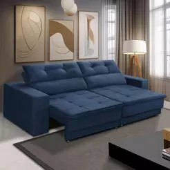 Sofá Retrátil e Reclinável 3 lugares 1,90m com Molas Emily Suede Azul Adonai Estofados
