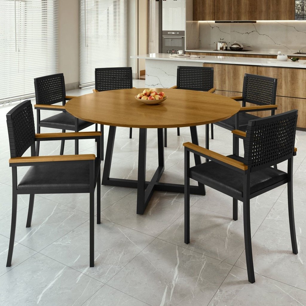 Conjunto Sala de Jantar 6 Lugares Redonda Tampo MDF 150cm Mesa Coliseu com Cadeiras Madri Preto