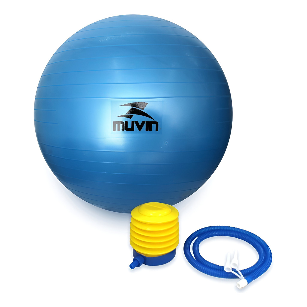 Bola de Pilates Muvin 85cm azul antiestouro suporta até 300kg com bomba para yoga, fisioterapia e fitness.