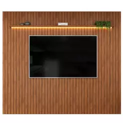 Painel Para Tv Até 90 Polegadas 2,75m Ripado Autêntico com Led e Prateleira Montreal Madeirado