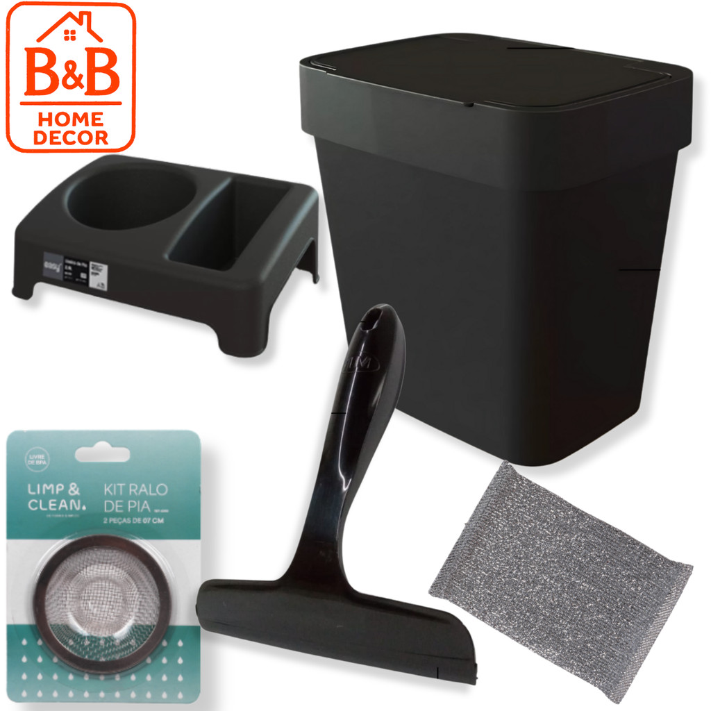 Kit Utilidades Pia 3 Pçs Lixeira 2,5L Porta Detergente Rodinho Cozinha Prática e Limpa

