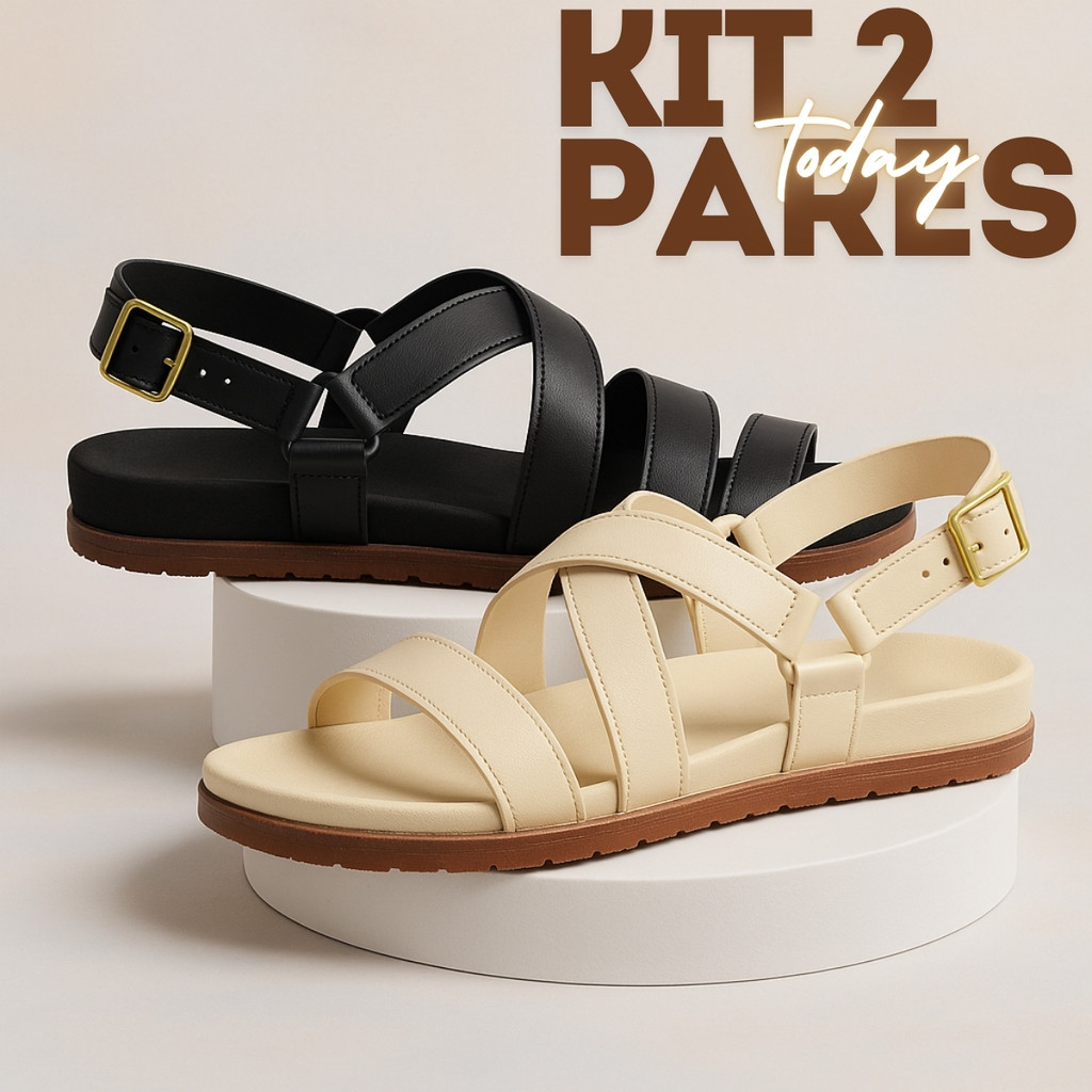 Kit 2 Pares Sandália Feminina Papete Tiras Cruzadas Flexível - Dunas
