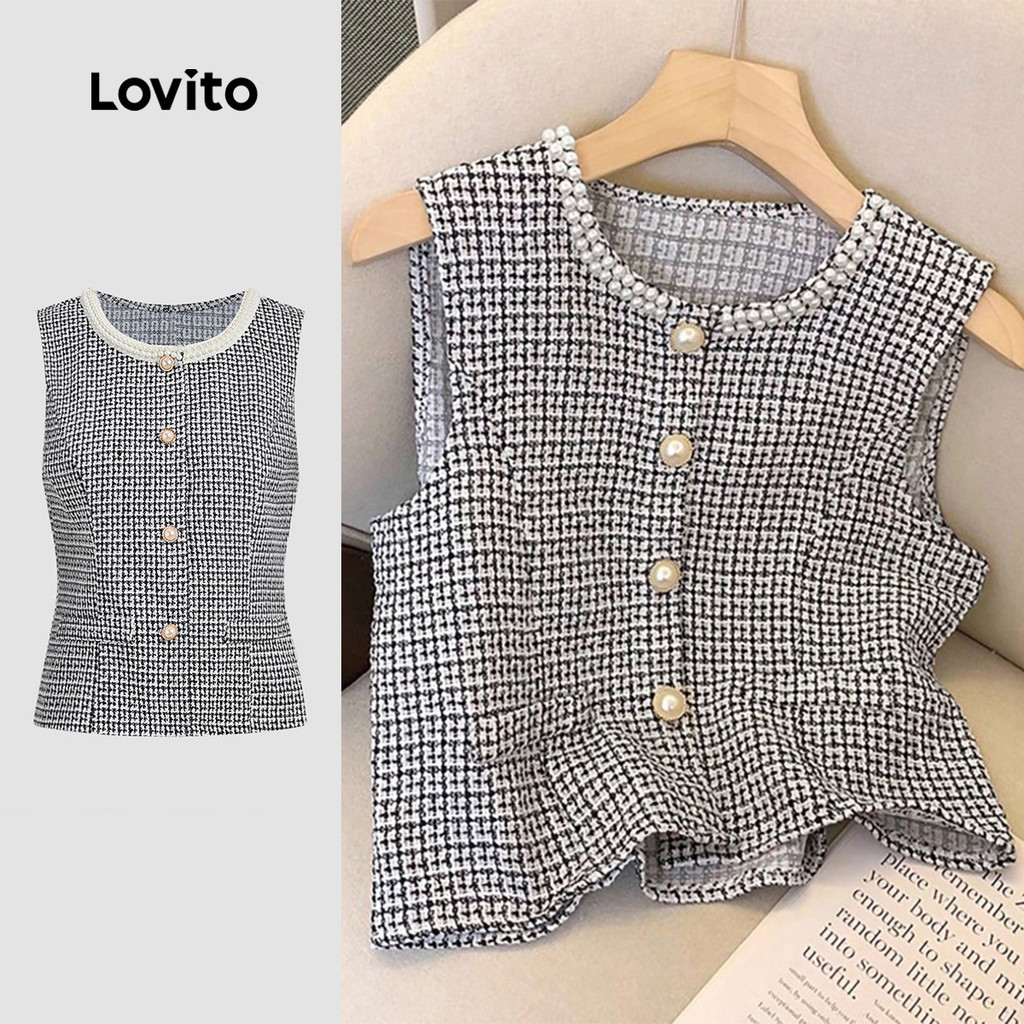 Lovito Blusa Elegante com Pérolas Botão Frontal Primavera/verão Preta e Branca para mulheres L158ED1525 em Oferta na Shopee