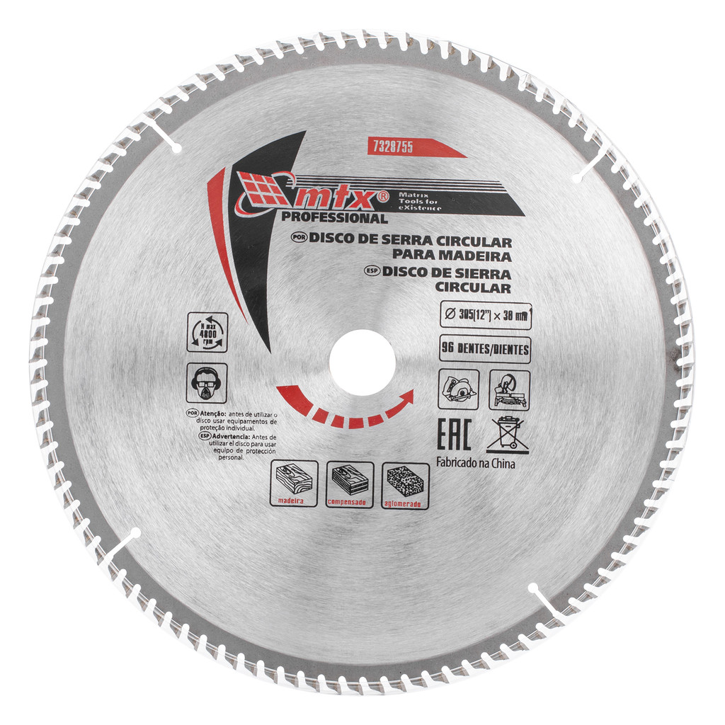 DISCO SERRA CIRCULAR PARA MADEIRA, 305MM (12POL.) X 30MM, 96 DENTES, 1PC // MTX