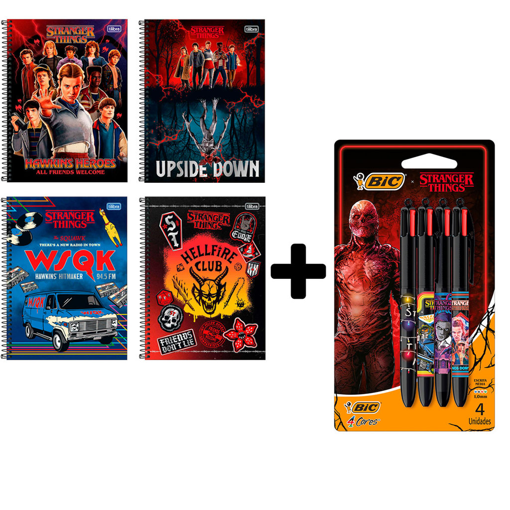 Kit Stranger Things – Caderno + Canetas Bic 4 cores em Oferta na Shopee