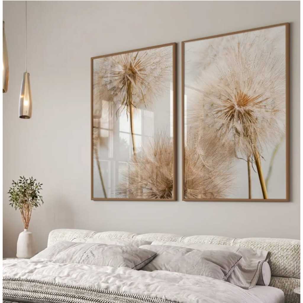 Kit 2 Quadros Decorativo - Flor Dente De Leão Nude Clean Moldura e Vidro Sala Quarto Hall Corredor