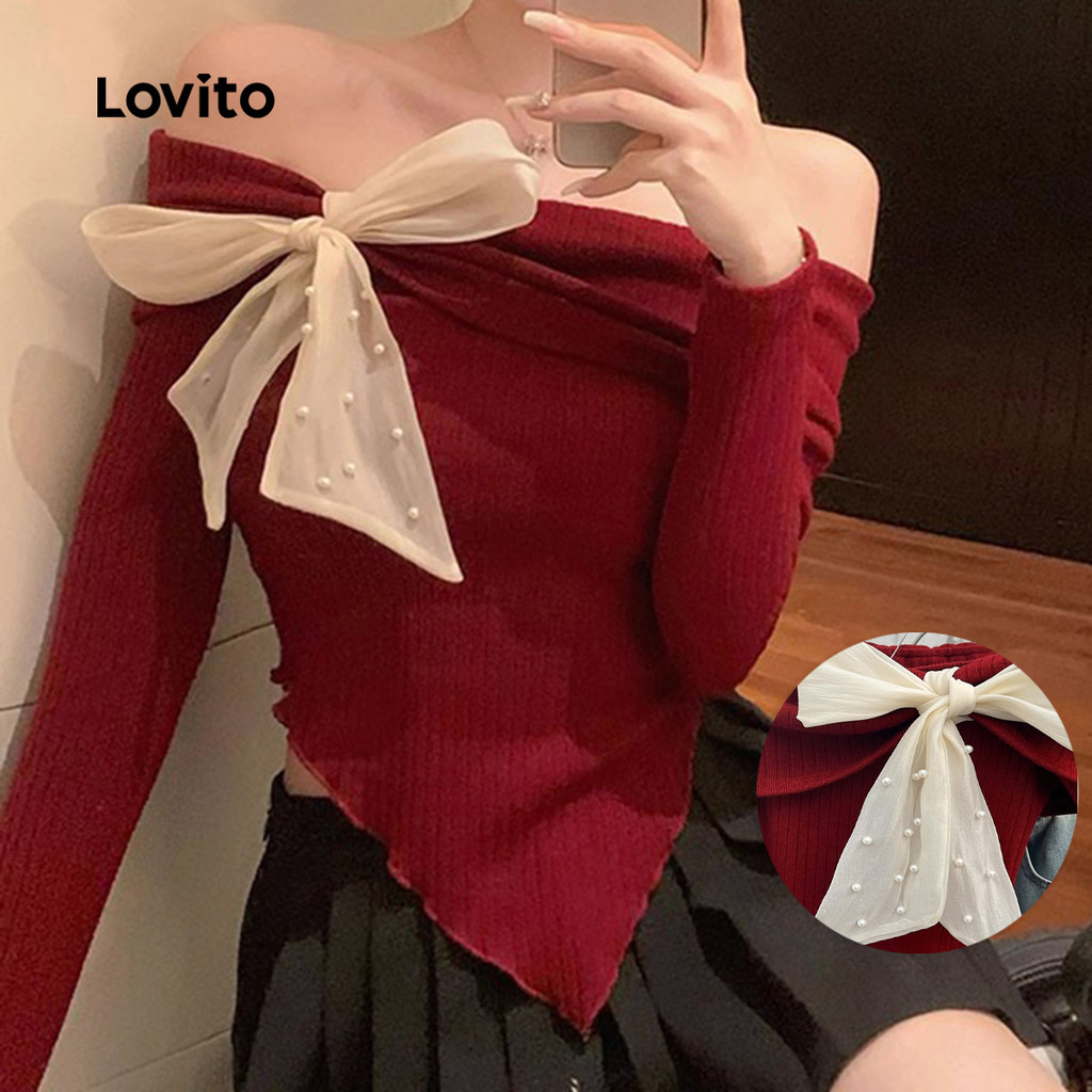Lovito Suéter Elegante Vermelho Com Amarração Nos Ombros E Ombros À Mostra Outono/inverno Para Mulheres LNA121027 em Oferta na Shopee