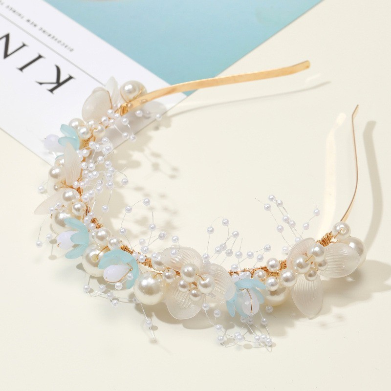 Tiara de Pérolas Azul Feita à Mão – Arquinho de Pérolas e Flores Artesanal Feminino em Oferta na Shopee