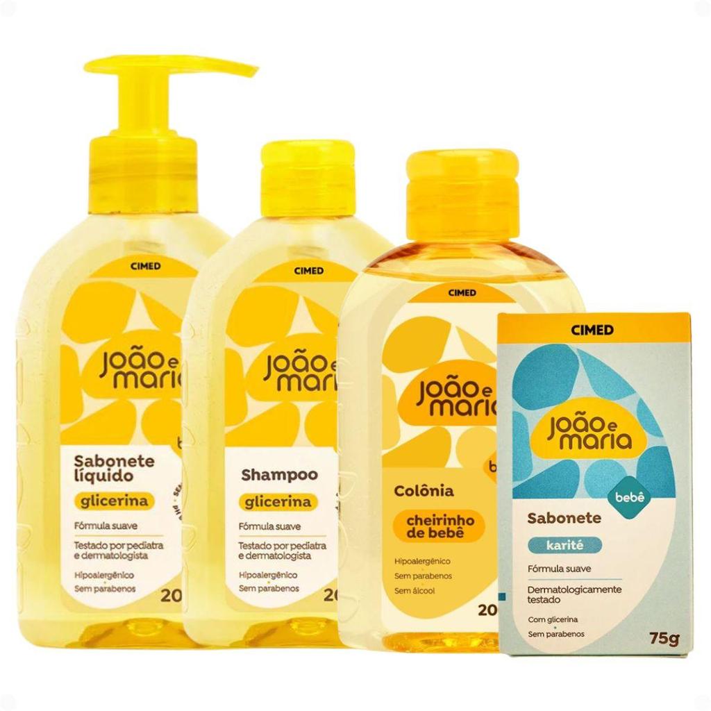 Kit Cimed João e Maria: Sabonete Liquído 200ml, Shampoo 200ml,  Sabonete em Barra Karité 75g e Colônia 200ml