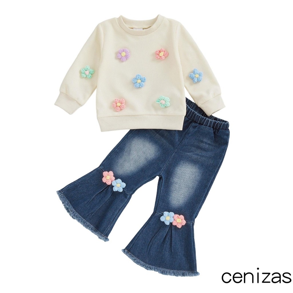 CZN-Conjunto De 2 Peças De Moletom De Manga Comprida Com Flores Decorativas E Gola Redonda Jeans Queimados