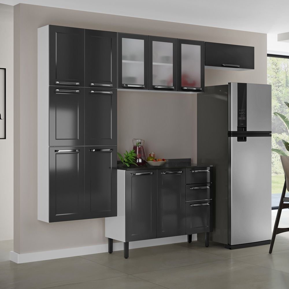 Cozinha Modulada Compacta em Aço 4 Peças 13 Portas Sendo 3 com Vidro 2 Gavetas Florença Itatiaia  Branco/Grafite em Oferta na Shopee
