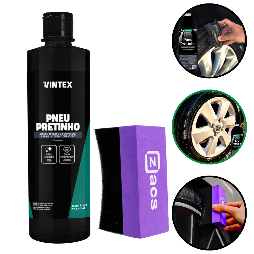 Pneu Pretinho Automotivo Brilhante 500ml + Aplicador Curvo para Pneus em Oferta na Shopee