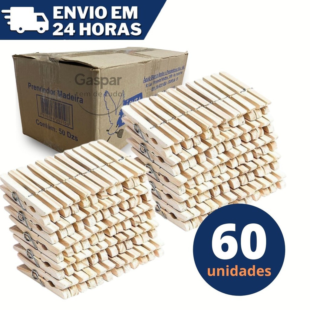 Prendedores Pregadores Roupa Madeira Artesanato Embalagem c/ 60 unidades Grampo de Madeira em Oferta na Shopee