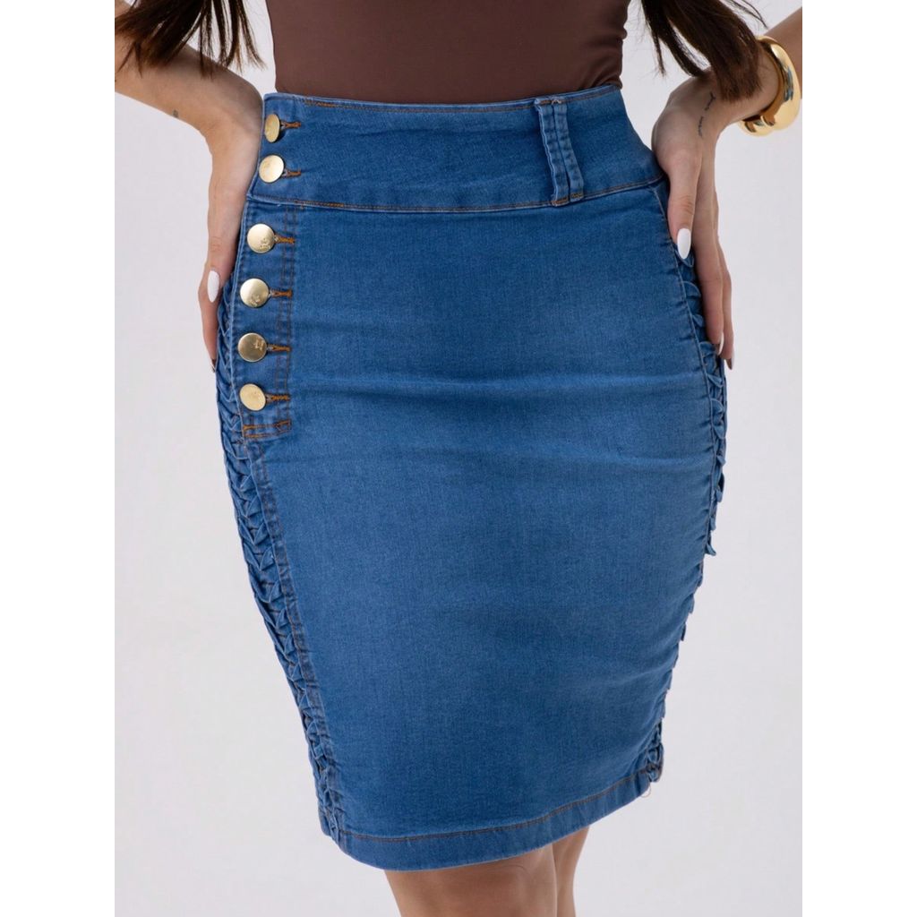 Saia Jeans Lápis Feminina com Botões Dourados e Franzido Elegante