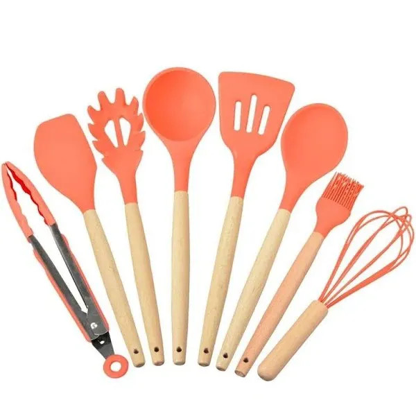 Kit Utensílios Cozinha Silicone Com Suporte 9 Peças Cabos Em Madeira - Wincy