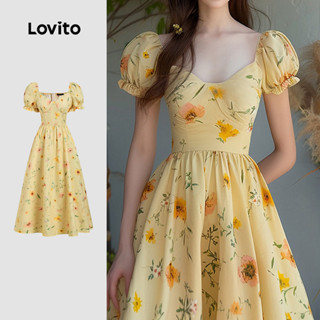 Lovito Vestido Boho com Flores Pleated Primavera/verão Vestido Amarelo para Mulheres L158ED1633 em Oferta na Shopee