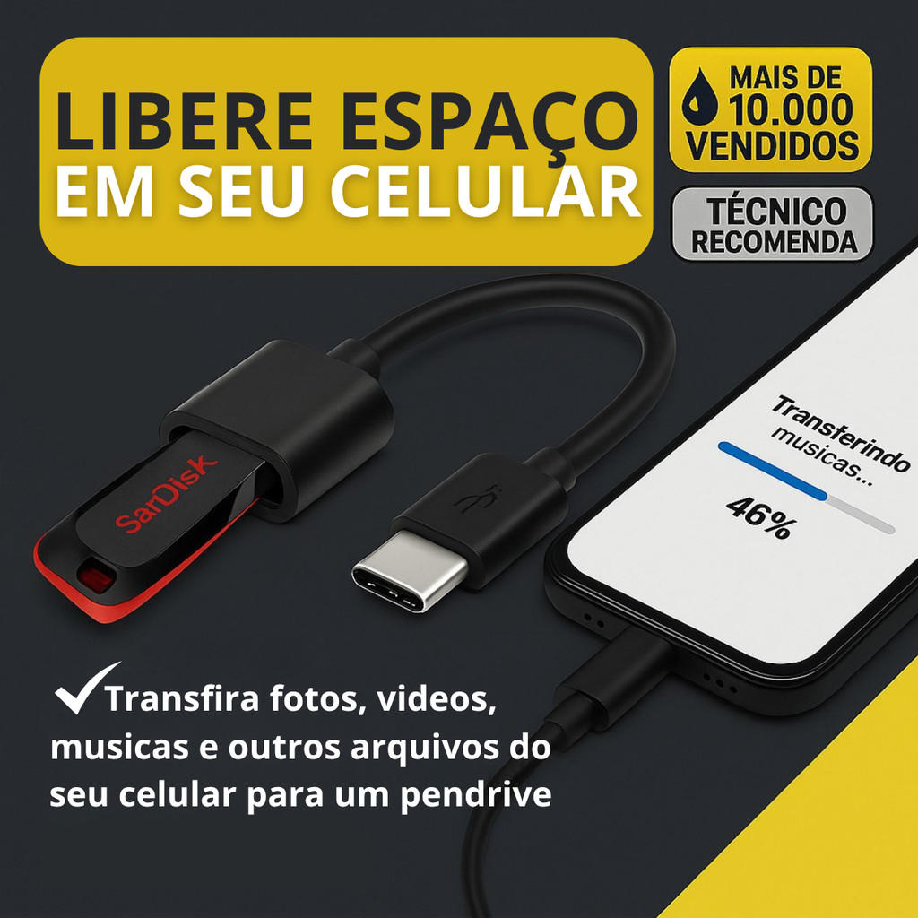 Cabo OTG Tipo C Conecte  Pen Drive Mouse  Teclado  Modelo Android Novo  Libere Espaço Em Seu Celular