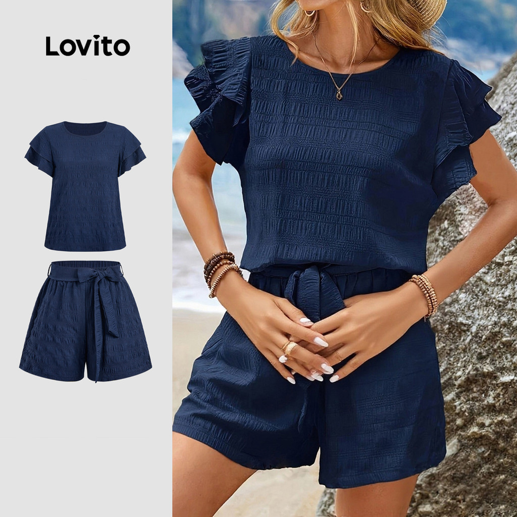 Lovito Conjunto Casual De Blusa E Calça/saia Com Babados Em Azul Escuro Primavera/verão Para Mulheres LBL29188 em Oferta na Shopee
