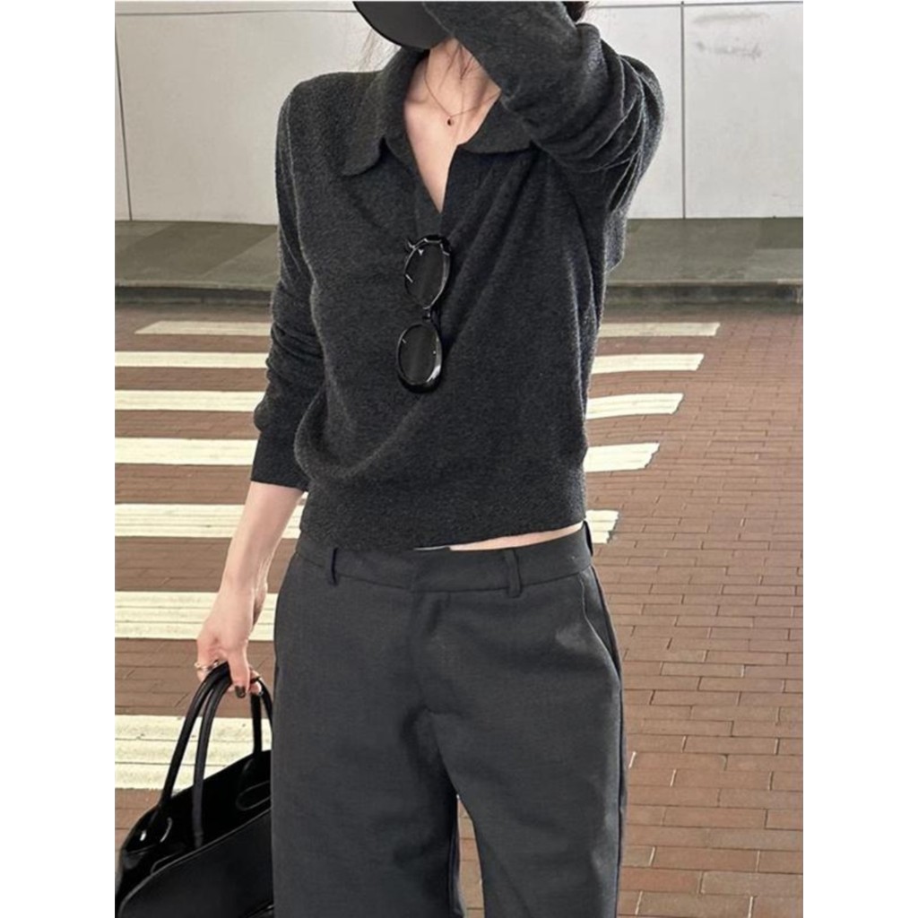 Cinza escuro estilo dinheiro antigo malhas femininas 2026 outono inverno wear High-End wear camisa polo redução de idade