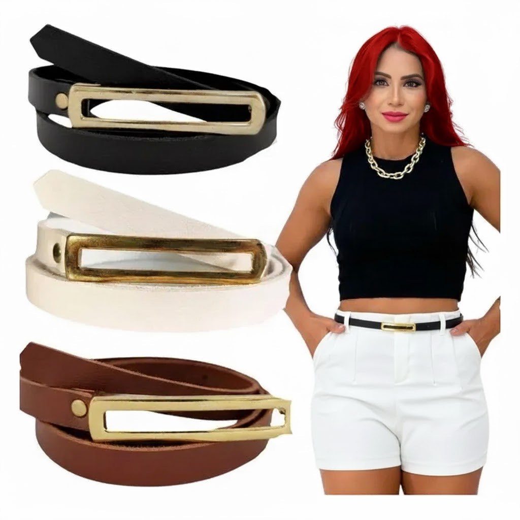 kit 4 Cinto Fino Feminino Social  Estreito Fivela Dourada Ajustável