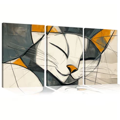 KIT 3 Quadros Decorativos Arte Abstrata Gato Sonhador Sala de Estar Quarto Decoração de Parede