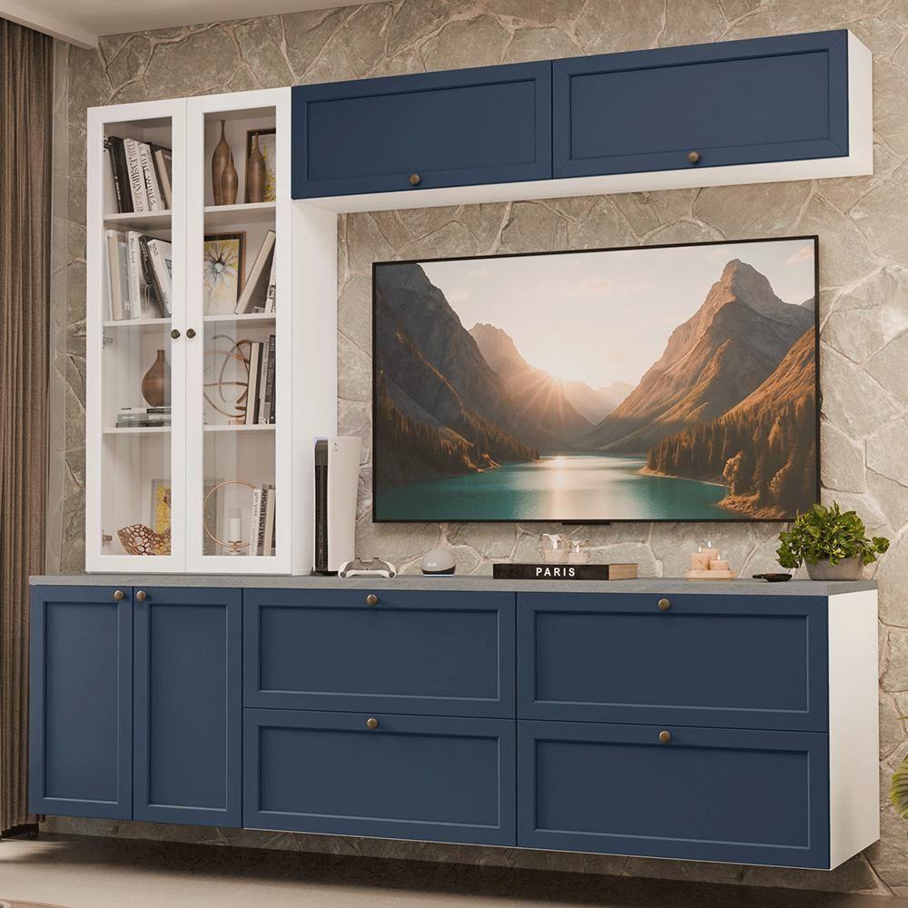 Estante Sala De Estar Com Rack + Cristaleira 230cm Vik Madesa 01 Branco-azul