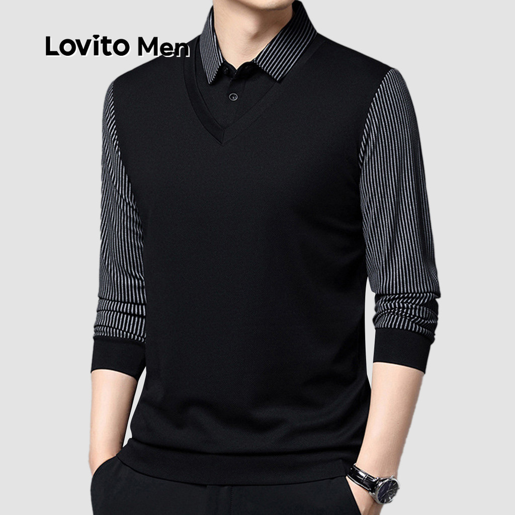 Lovito Men Camisa Polo Casual Fake 2 em 1 Primavera/verão Camisa Polo Preta para homens LNE122050 em Oferta na Shopee