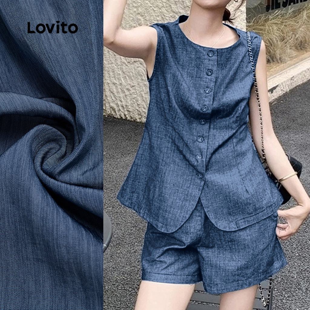 Lovito Conjunto Casual Linho Confortável Composto Regata Shorts Botões Azul-marinho Primavera/verão Mulheres LBL30111 em Oferta na Shopee