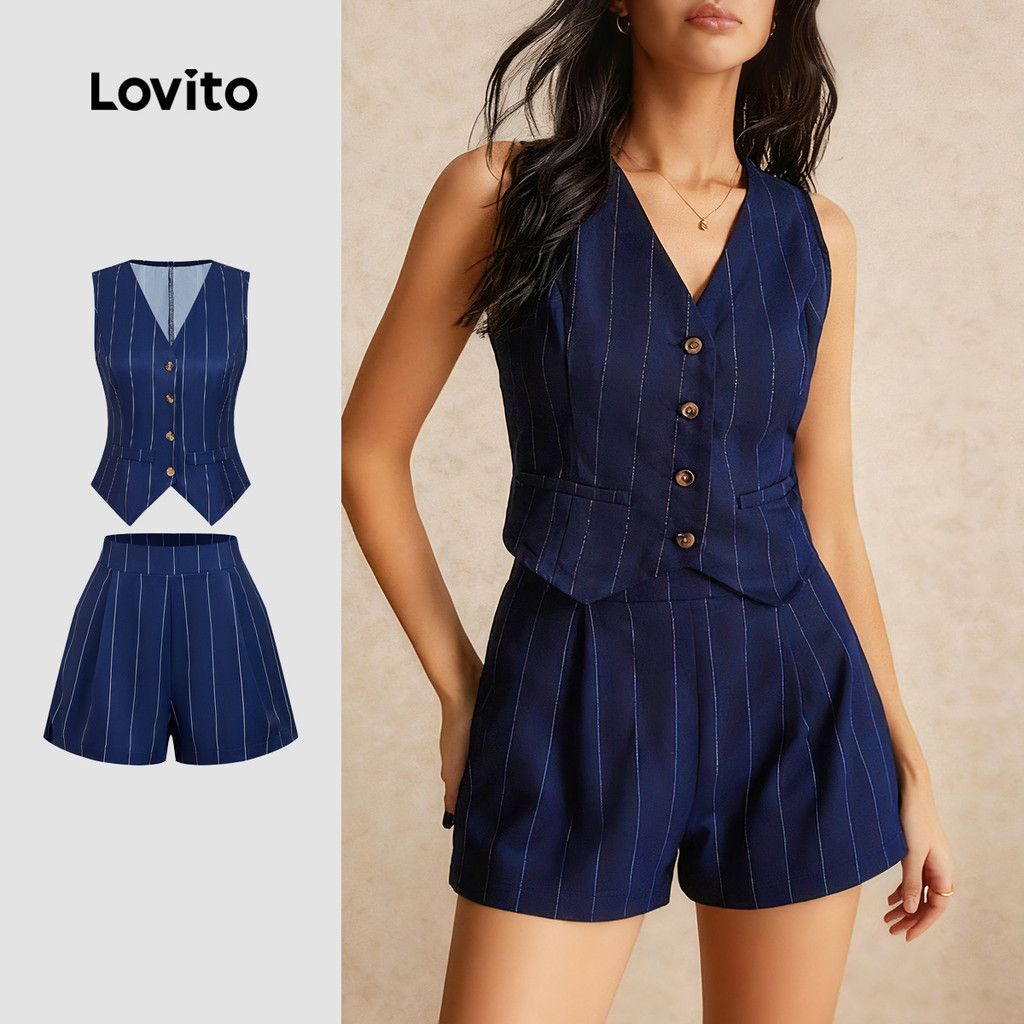 Lovito Conjunto Elegante Blusa Calça Listrada Luxo Botões Frontais Primavera/verão Calça Azul Para Mulheres LBL30222 em Oferta na Shopee