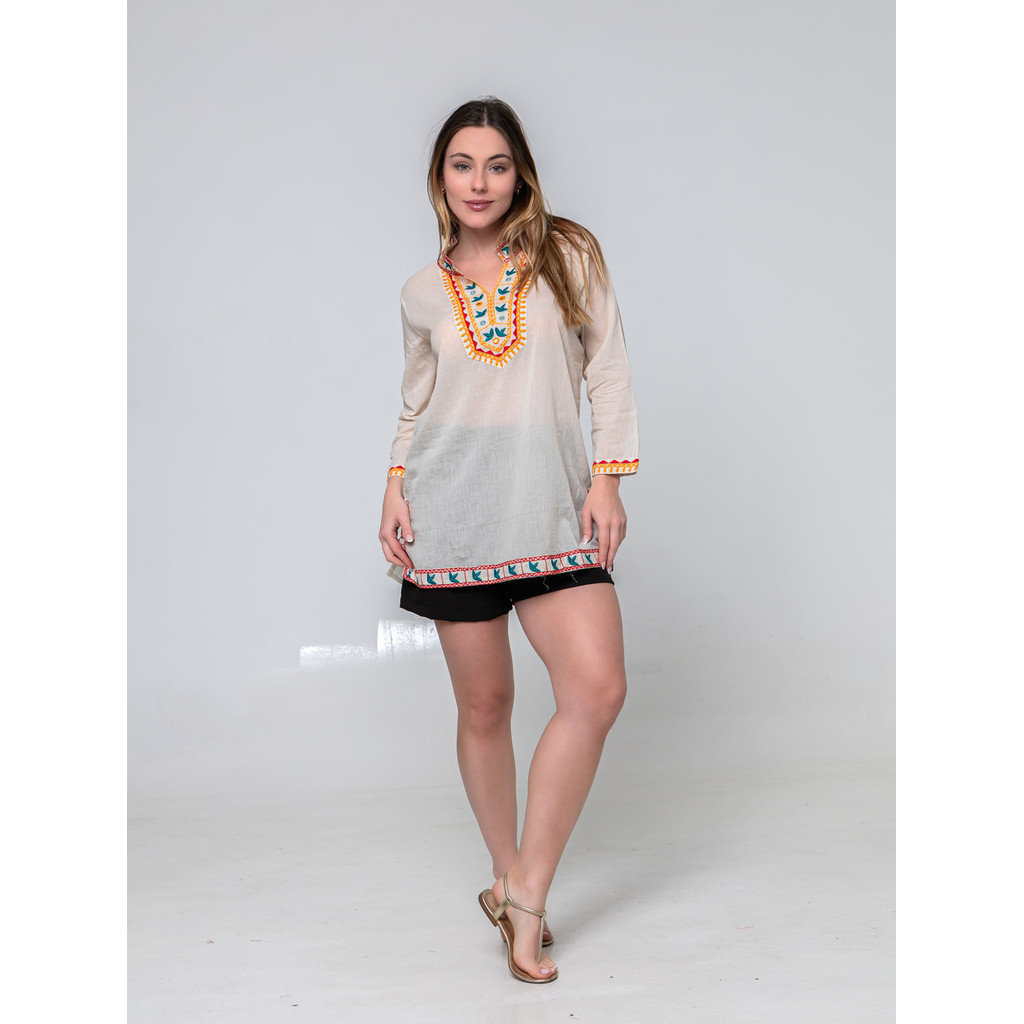 Bata Curta Bordada Étnica com Detalhes Vermelhos Estilo 019