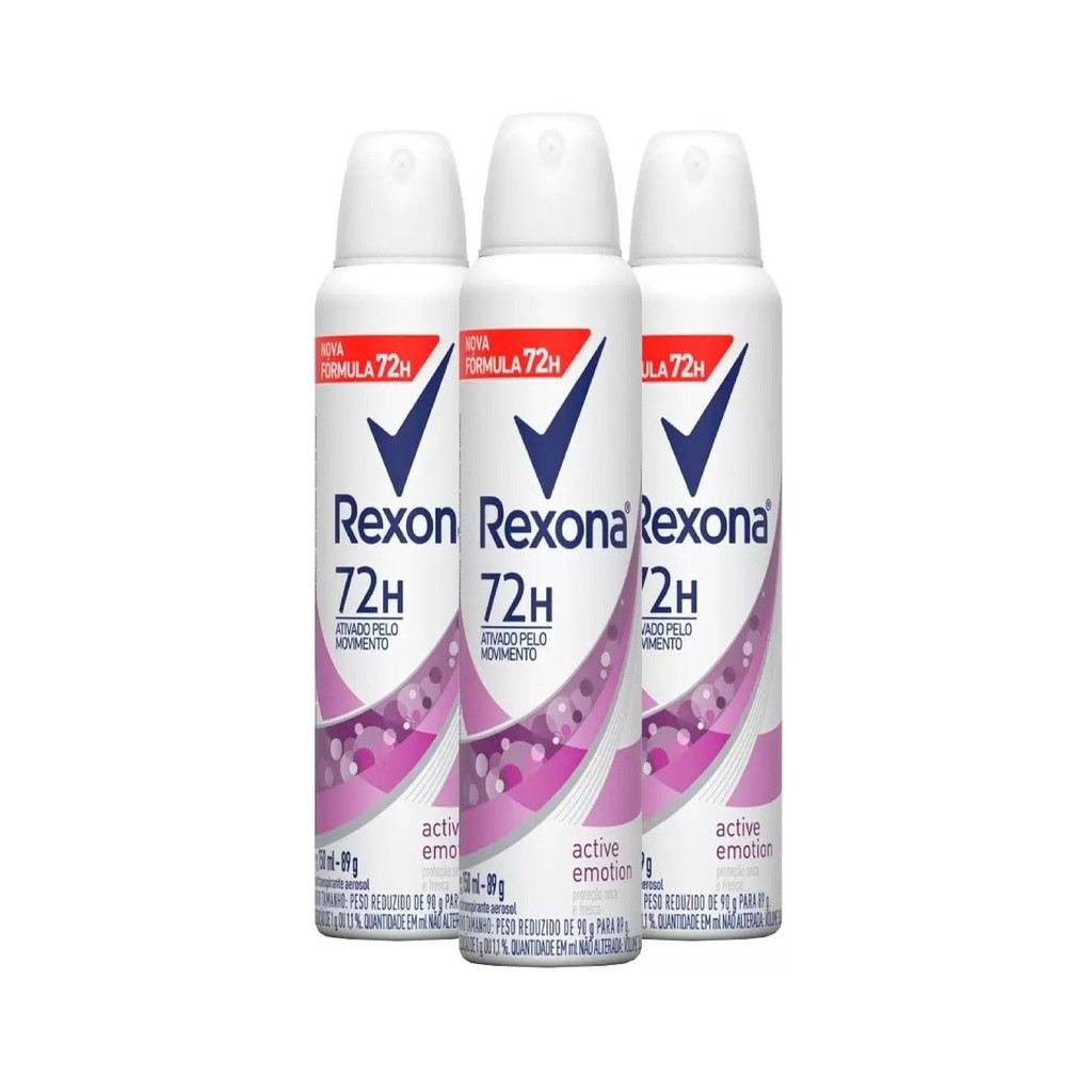 Kit 3 Desodorantes Antitranspirante Aerosol Rexona Active Emotion 72 horas 150ml Cada em Oferta na Shopee