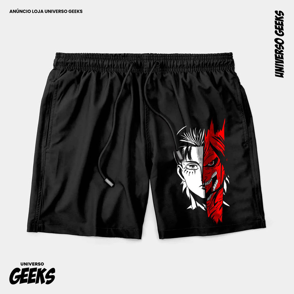 Bermuda Tactel Attack On Titan Eren Titã Vermelho Short Confortável Com Elastano Ideal Lazer Treino Esportes Praia
