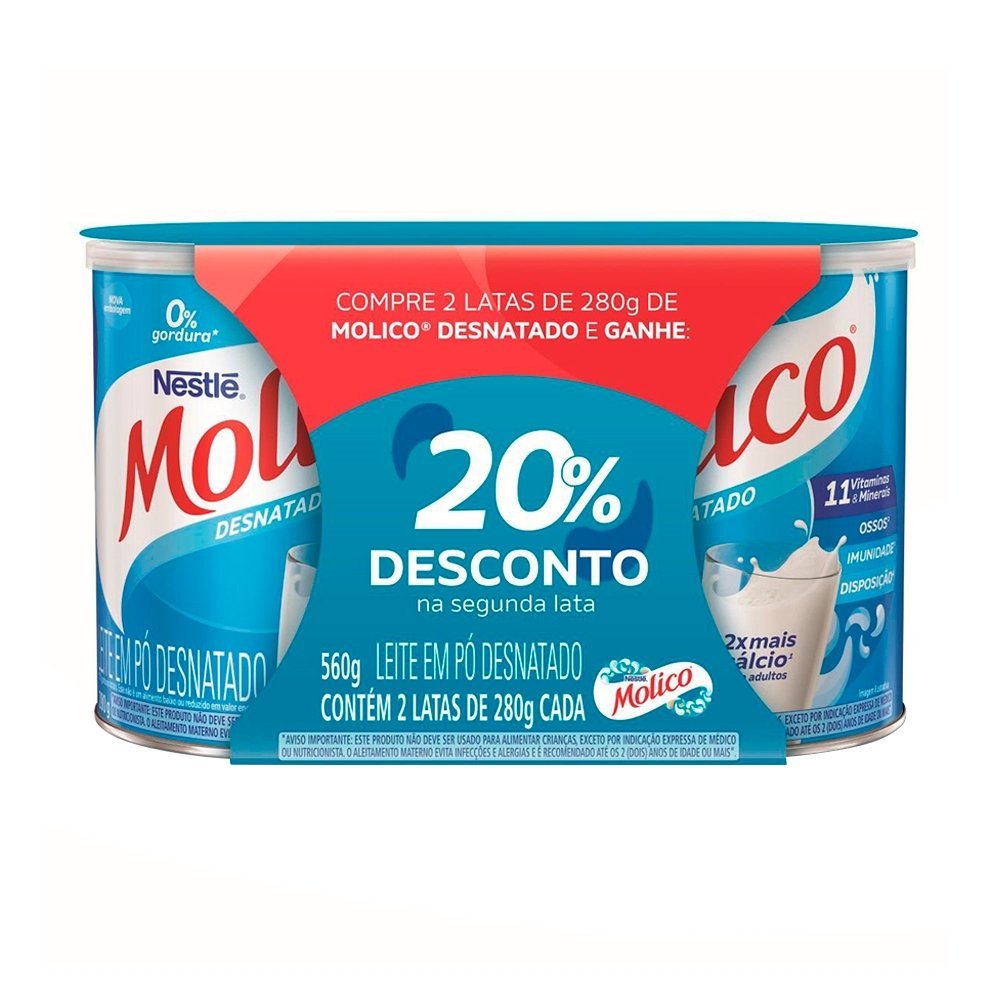 Leite em Pó Molico Desnatado 280g - Embalagem com 2 Unidades em Oferta na Shopee