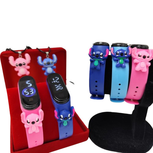 Relógio Infantil Stitch Digita + Chaveiro  Disney Prova De água Led azul
