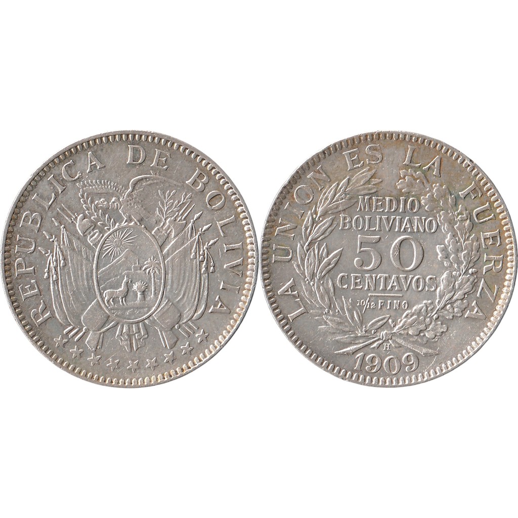 Moeda Bolívia 1909 1/2 Boliviano 50 Centavos em Prata