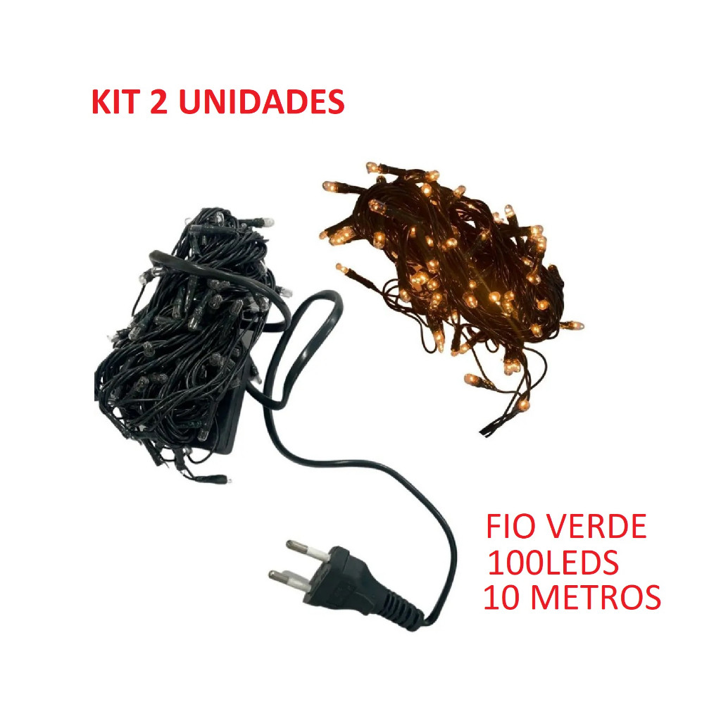 Kit 2 Caixa 100 Leds Pisca Pisca 110V 10 Metros Natalino Fio Verde Decorativo Multicolorido