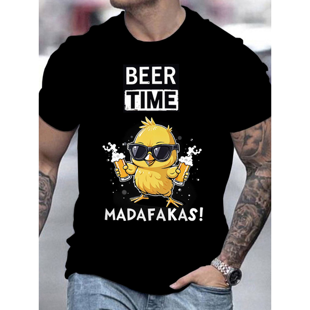 2026 Nova Camiseta Masculino Feminino Oversized Beer Time Chicken Cerveja Divertida Estilosa  Verão